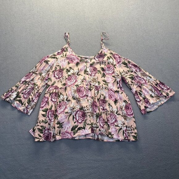 Torrid Women's Babydoll Textured Rayon Cold Shoulder Top Blush Floral Size 1 - Picture 1 of 13